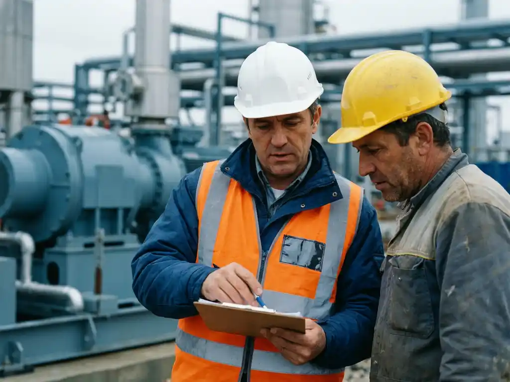 Toezichthouder in helm en veiligheidsvest controleert nalevingschecklist op klembord met onderaannemer op industriële bouwplaats.