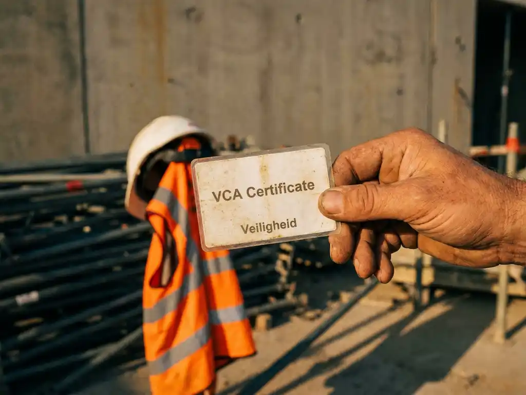 Bouwvakker houdt gelamineerd VCA-veiligheidscertificaat vast op actieve bouwplaats, met steiger en veiligheidskleding op de achtergrond.