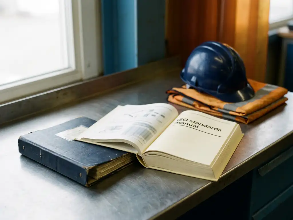 Versleten veiligheidsbinder en open ISO-handleiding op industrieel bureau, naast gevouwen helm en hi-vis vest, symboliseren integratie van compliancesystemen.