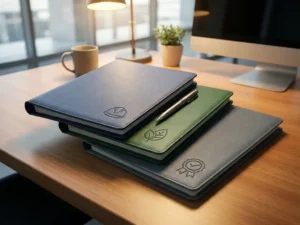 Drie professionele ordners met pictogrammen voor veiligheid, duurzaamheid en kwaliteit op een zakelijk bureau, met een pen erbovenop.