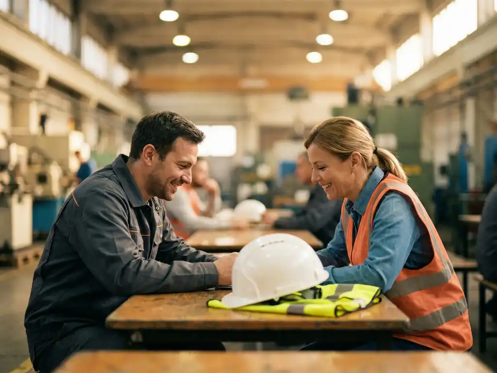 Veiligheidsadviseur en medewerker in gesprek aan een kantine tafel met helm en veiligheidsvest, warme fabrieksomgeving op de achtergrond.