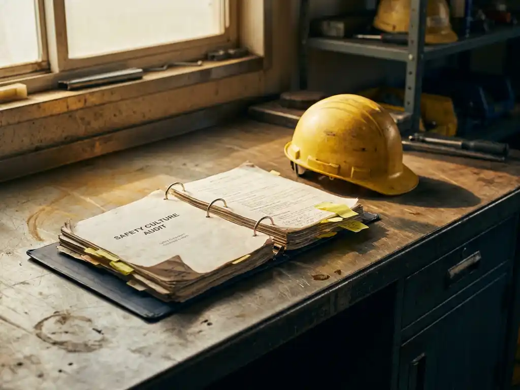 Open veiligheidsaudit-map met uitstekende sticky notes op industrieel metalen bureau, gele helm ernaast, zacht zijlicht.
