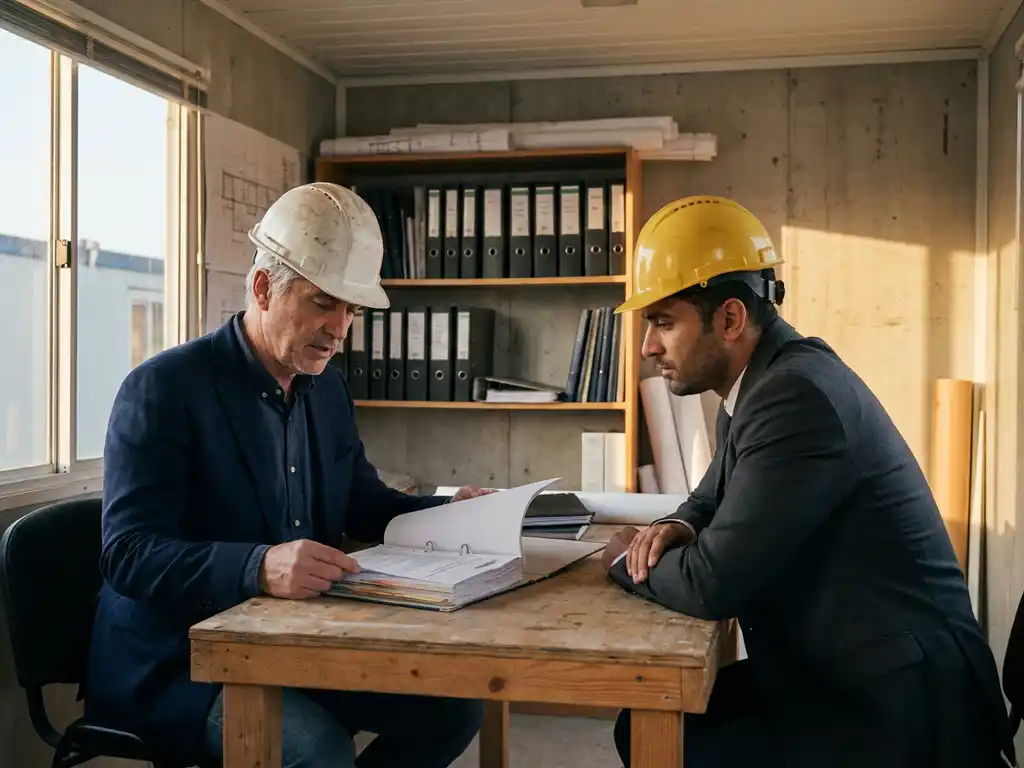 Projectmanager met helm en zakelijk pak bestudeert veiligheidsdossier aan bouwkantoor tafel, tegenover aandachtige aannemer, certificeringmappen op achtergrond.