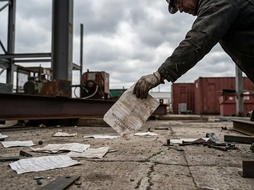 Bouwvakker laat versleten SCL-veiligheidscertificaat vallen op industriële werkplek, nalevingsdocumenten verspreid op betonnen vloer.