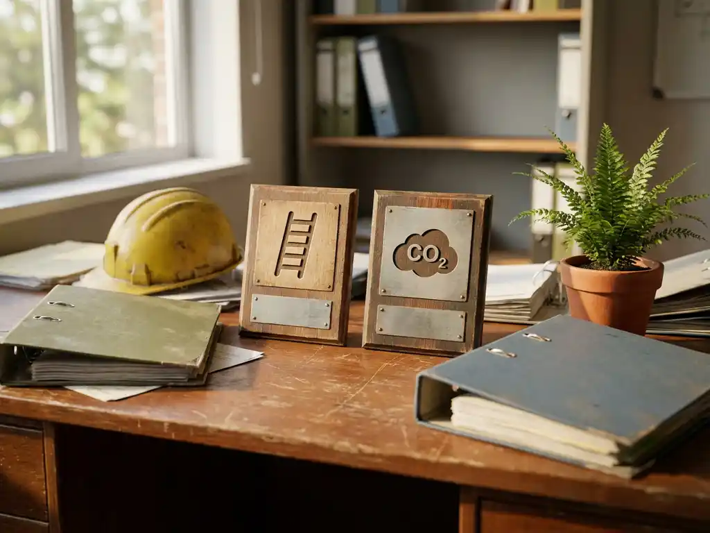 Twee certificeringsplaques met ladder- en CO2-molecuulmotief op een houten bureau, omringd door beleidsmappen, een helm en een groene plant.