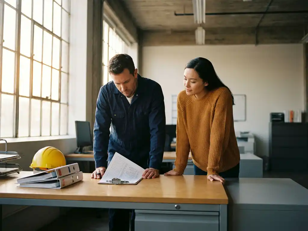 Werknemer en adviseur bekijken samen een veiligheidschecklist op een industrieel kantoor, met helm en documentatie op het bureau.