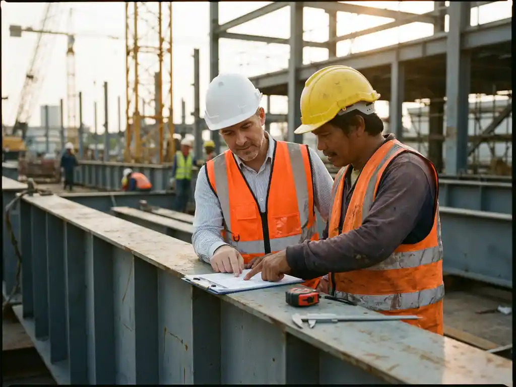 Veiligheidsadviseur en bouwvakker bekijken samen een inspectielijst op een industriële bouwplaats, gekleed in helmen en veiligheidsvesten.