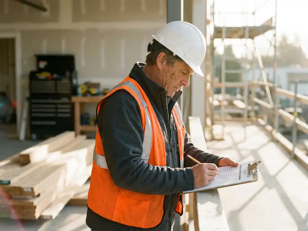 Bouwvakker in veiligheidsvestje en helm controleert veiligheidschecklist op klembord op industriële werkplek in ochtendlicht.