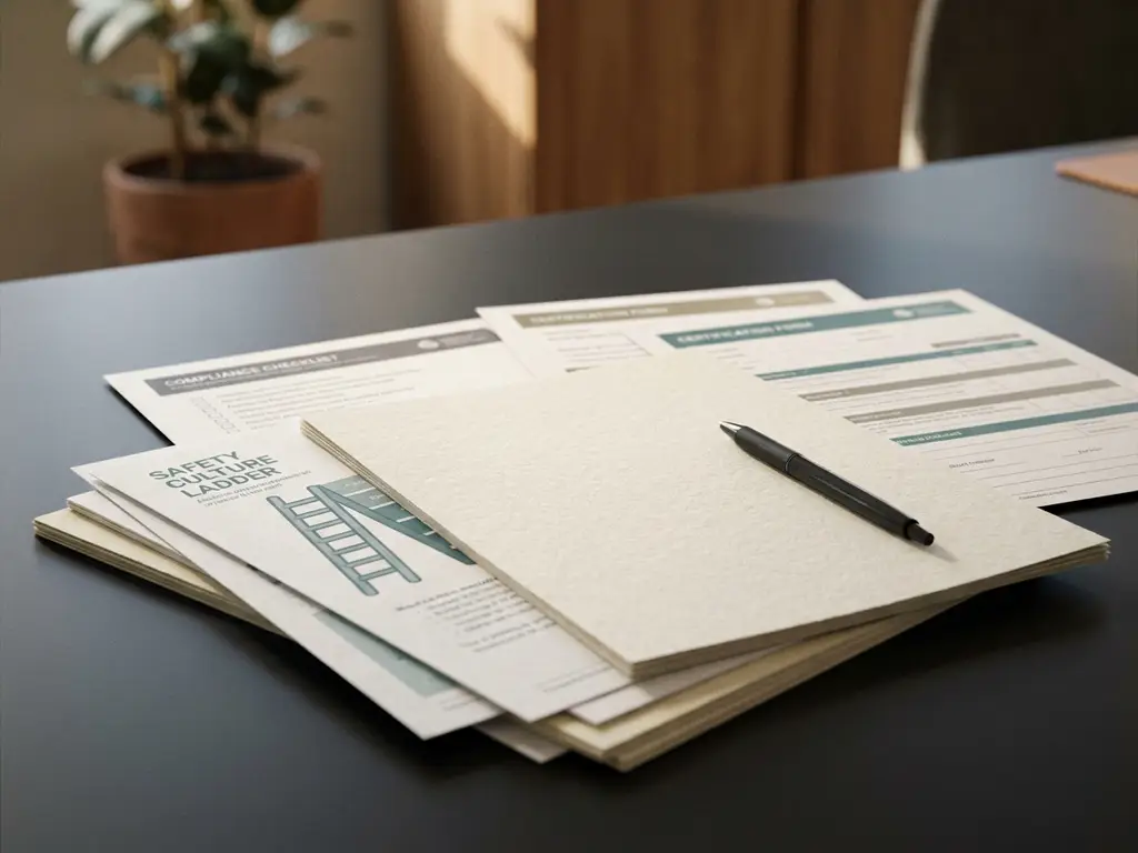 Stapel certificeringsdocumenten en compliance-checklists op een bureau, met een veiligheidscultuurdiagram en een pen bovenop.