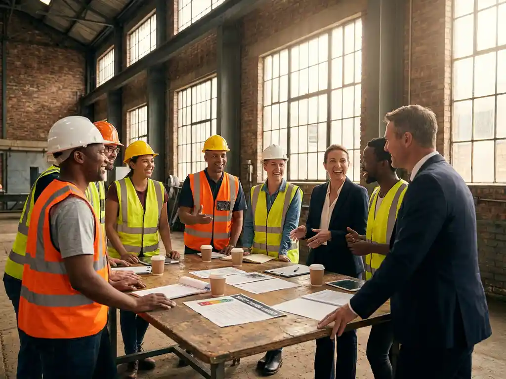 Diverse groep medewerkers en managers in veiligheidsvesten overleggen samen rond een tafel in een industriële omgeving met een Safety Culture Ladder document.