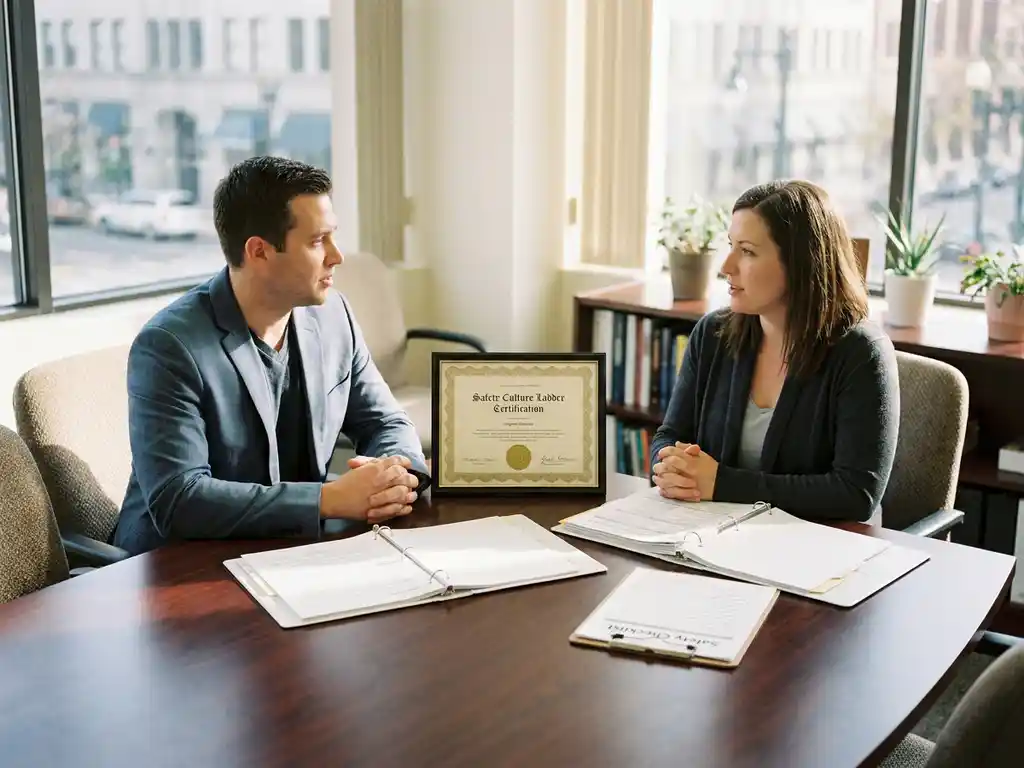 Adviseur en klant aan vergadertafel met Safety Culture Ladder certificeringsdocument, veiligheidschecklist en ordner in professioneel kantoor.