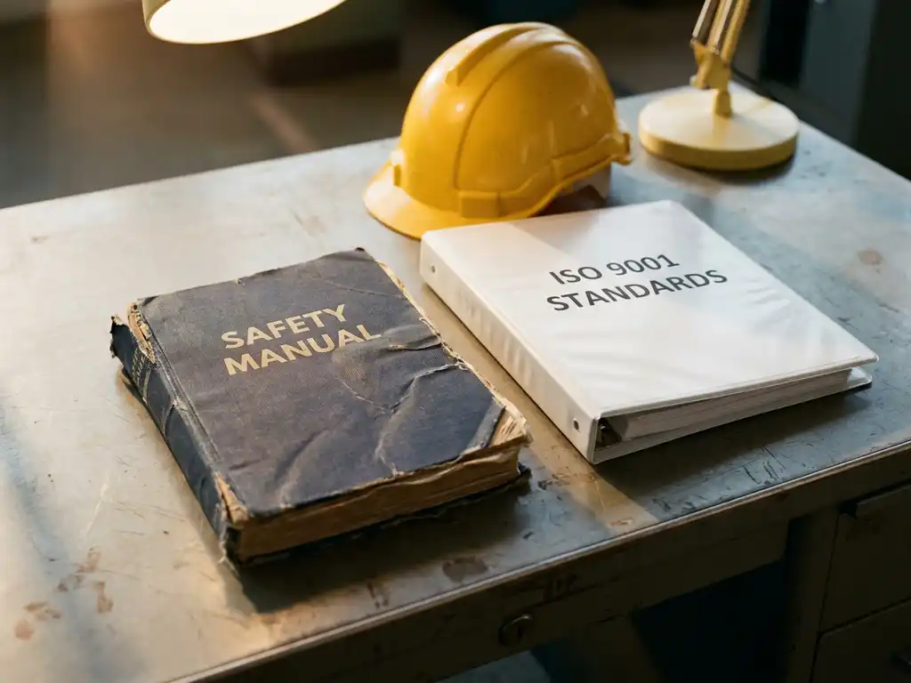Versleten veiligheidshandboek en ISO-normenmap naast elkaar op industrieel stalen bureau met gele veiligheidshelm op de achtergrond.