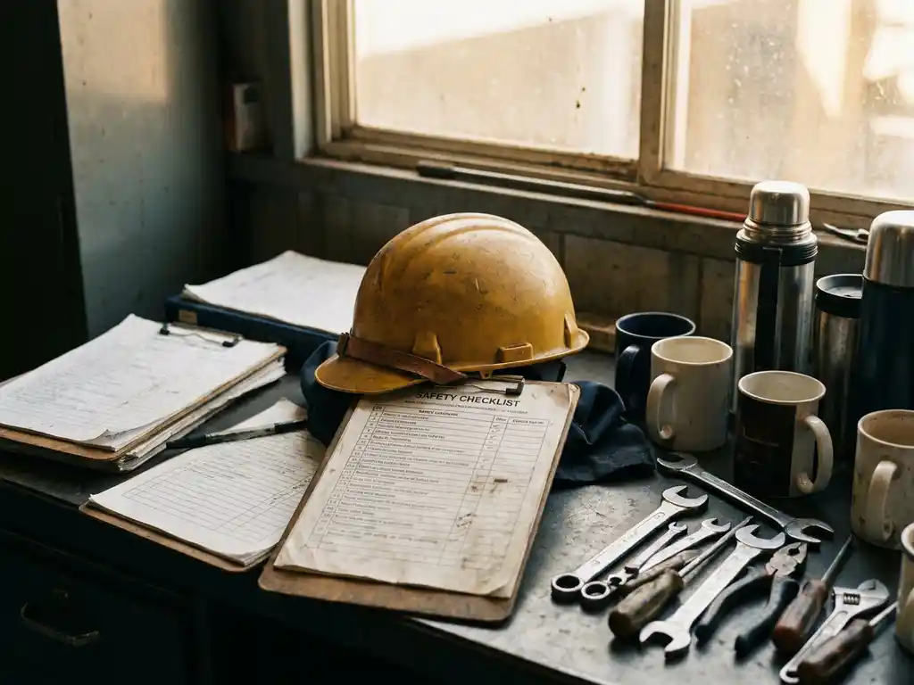 Versleten gele bouwhelm op een rommelige werkbank met veiligheidslijst, gereedschap en koffiebekers in warm industrieel licht.