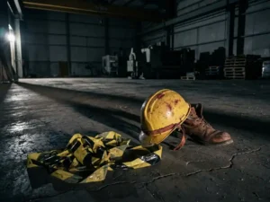 Versleten gele bouwhelm en werklaars op betonnen vloer van verlaten industrieel pakhuis, met waarschuwingstape ernaast.