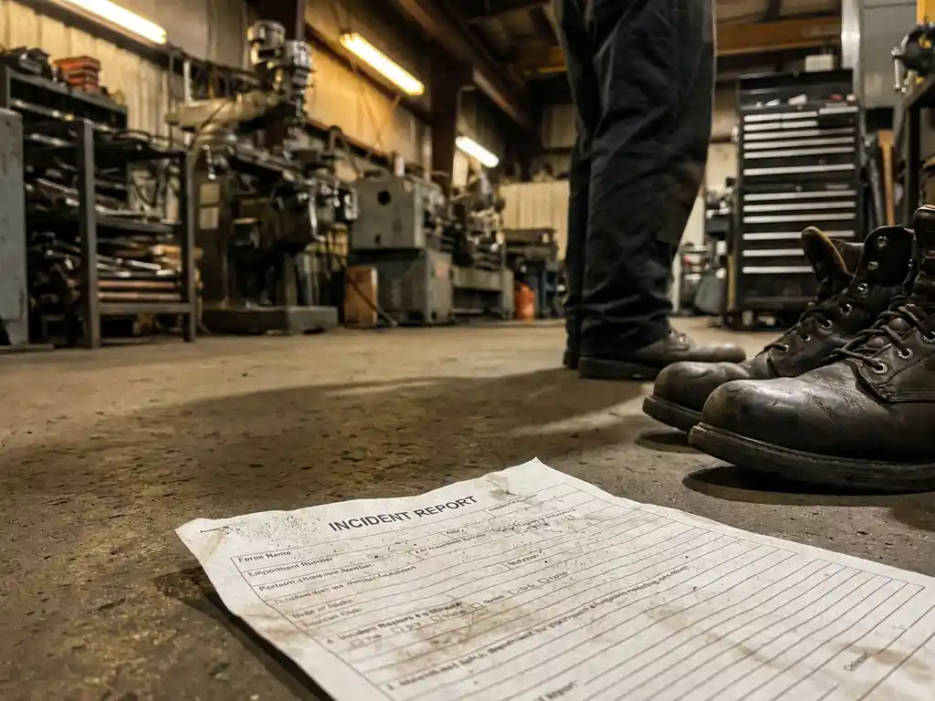 Onaangeroerd veiligheidsincidentformulier op industriële werkplaatsvloer, stalen neusneus schoenen van werknemer zichtbaar op de achtergrond.