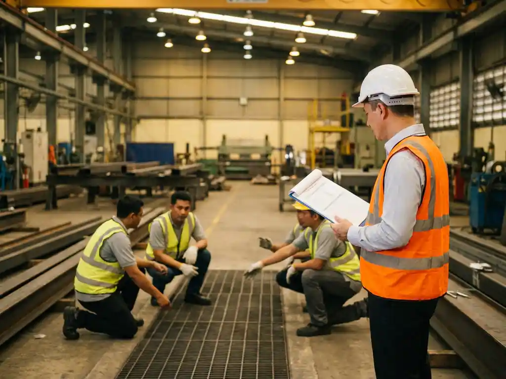 Veiligheidsinspecteur met oranje hesje en helm observeert werknemers op industriële werkvloer, klembord in handen.
