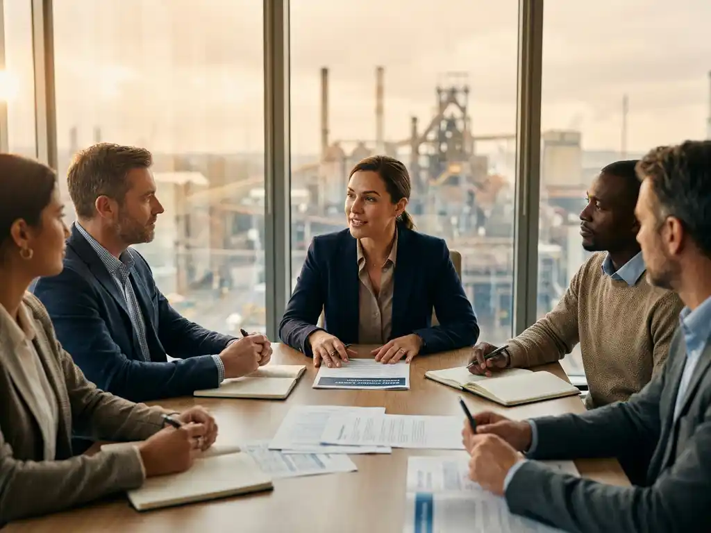 Manager leidt vergadering rond conferentietafel met Safety Culture Ladder-certificaat, industriële faciliteit zichtbaar op achtergrond.