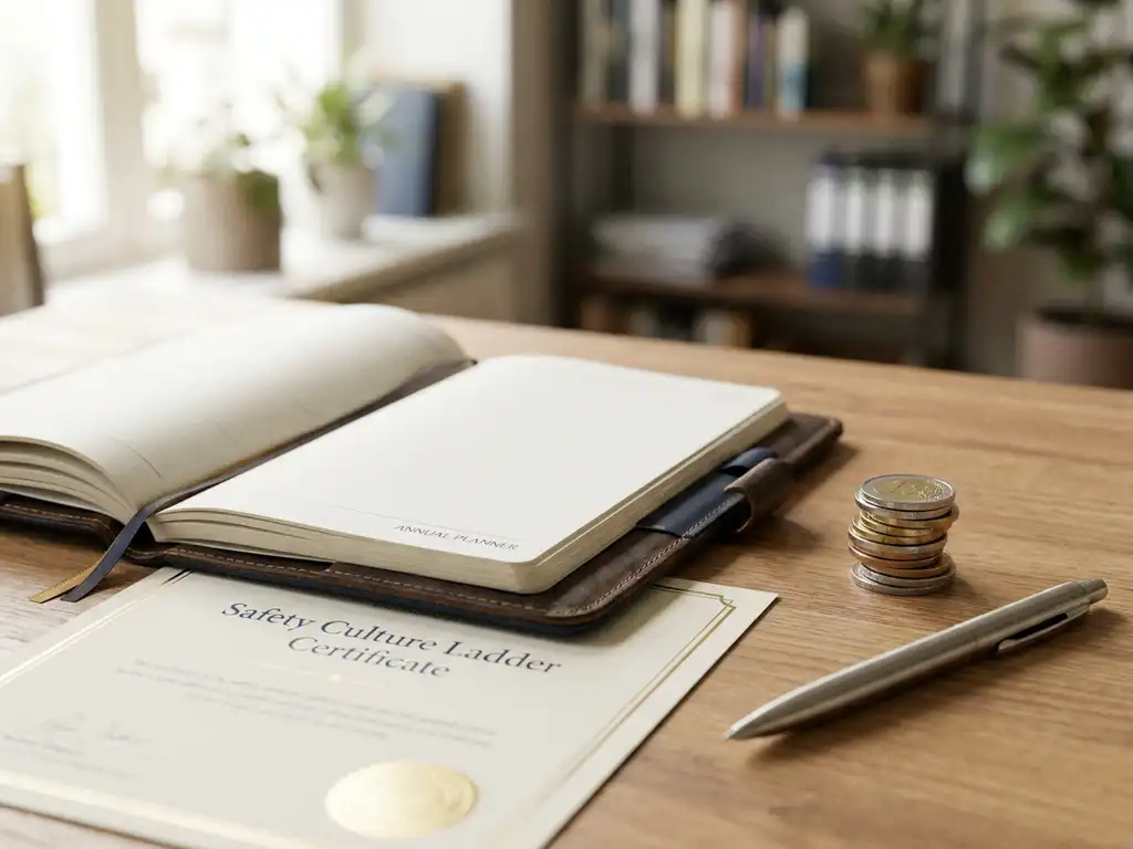 Open leren planner op bureau naast euromunten en stalen pen, met Veiligheidsladder-certificaat eronder, professionele consultancy sfeer.