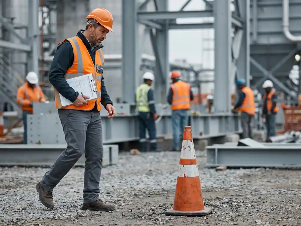 Veiligheidsmanager op bouwplaats ontdekt gemist gevaarmarkeringsbord, klembord onder arm, omringd door arbeiders in oranje hesjes.