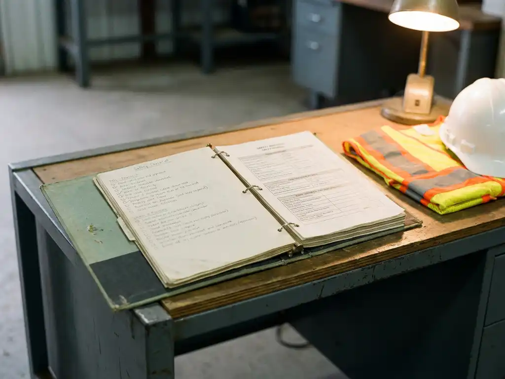 Versleten veiligheidsbinder met handgeschreven checklists open op industrieel bureau, naast gevouwen helm en reflecterend vest, warm bureaulampicht.