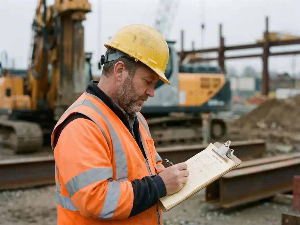 Veiligheidsfunctionaris in helm en hesje vult incidentrapportformulier in op klembord op industriële werkplek.