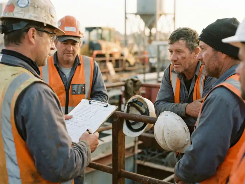Veiligheidsconsultant leidt toolboxmeeting op industriële bouwplaats, arbeiders in hesjes bestuderen inspectiechecklists in ochtendlicht.