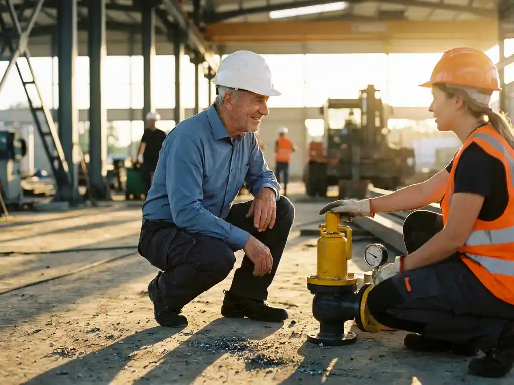 Senior manager met helm hurkt naast vloermedewerker die veiligheidsuitrusting aanwijst op industriële werkplek, gouden uurtje.