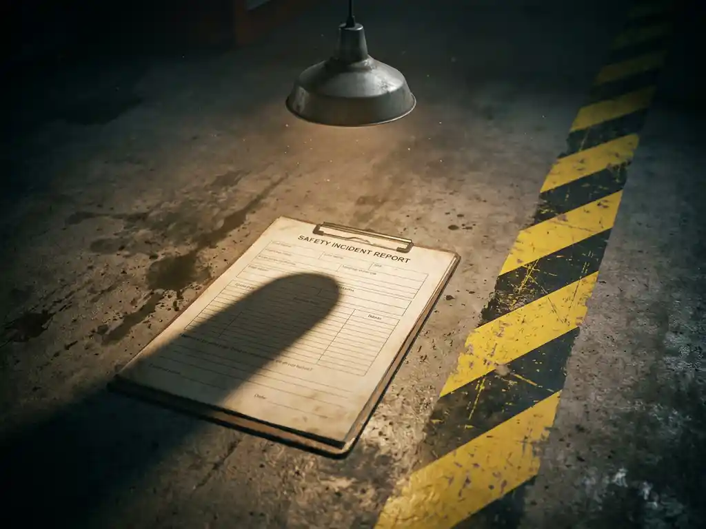 Oningevuld veiligheidsincidentformulier op industriële werkvloer naast geel waarschuwingsbordje, schaduwen van dimme lamp, stalen grijze tonen.