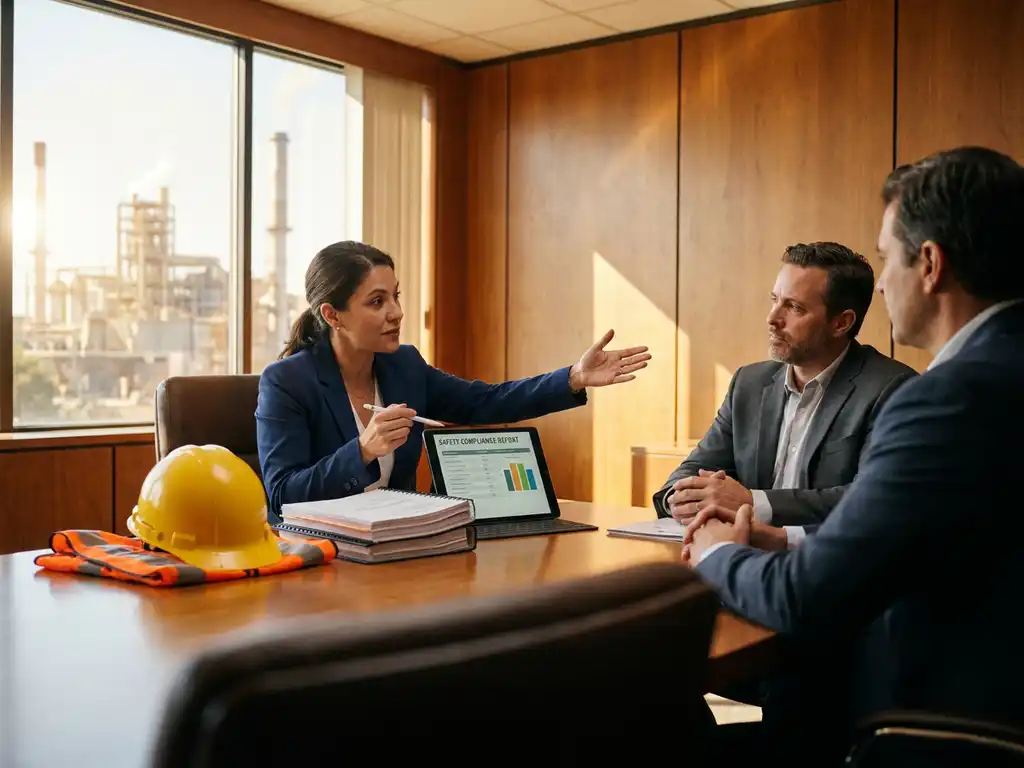 Professional presenteert veiligheidsrapport aan directieleden in boardroom, met helm en veiligheidsvest op tafel, industriële faciliteit op achtergrond.