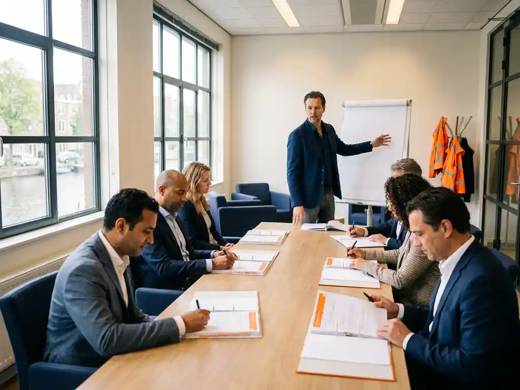 Trainer leidt veiligheidsworkshop aan vergadertafel, deelnemers maken aantekeningen bij open mappen in modern Nederlands kantoor.