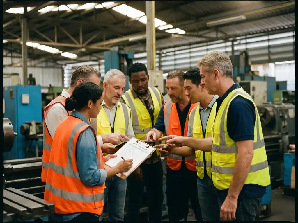 Diverse fabrieksmedewerkers in veiligheidsvesten bespreken samen een veiligheidschecklist bij industriële machines.