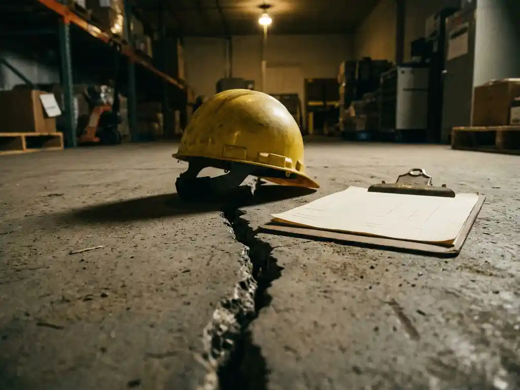 Gebarsten betonvloer met geel veiligheidshelm en verlaten klembord in donker industrieel magazijn, dramatisch verlicht van bovenaf.
