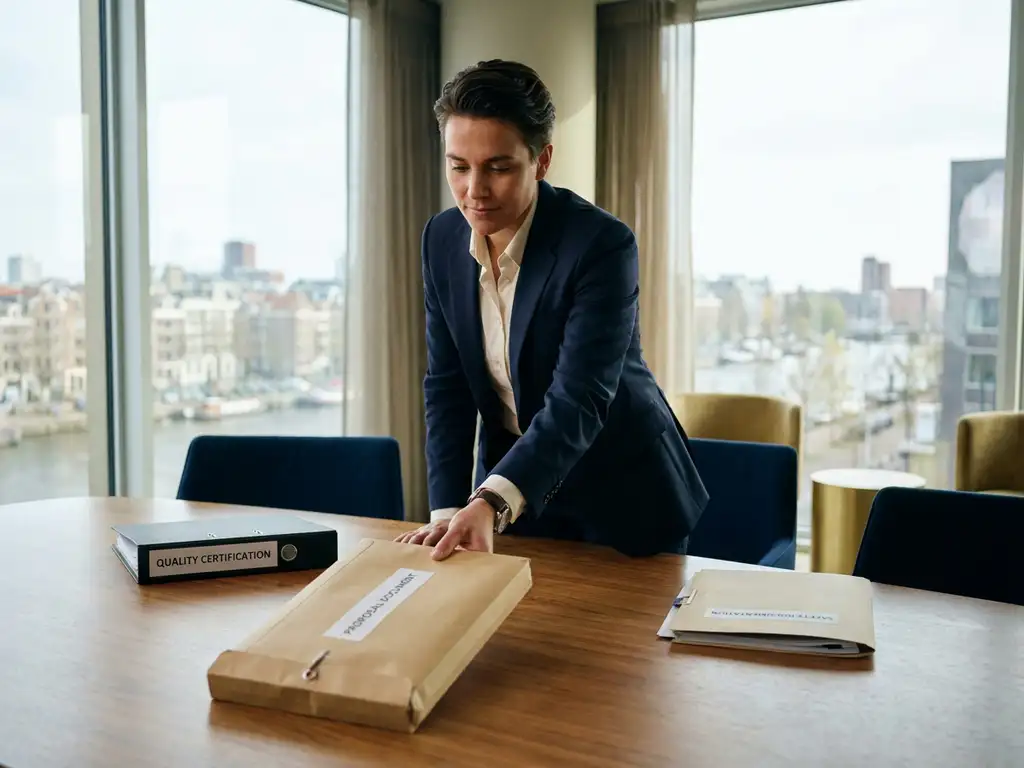 Professional in pak schuift verzegeld offertemapje over vergadertafel, kwaliteitscertificering en veiligheidsdocumentatie zichtbaar op de achtergrond.