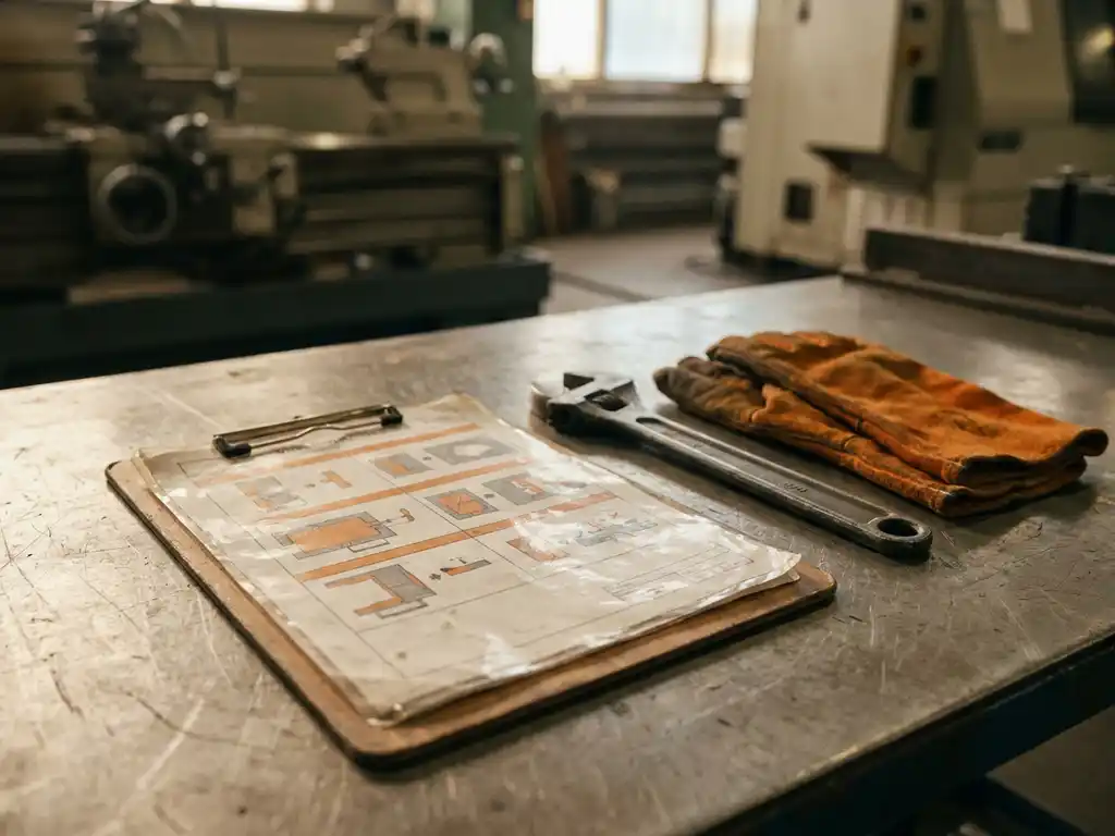 Gelamineerde werkinstructie op klembord naast moersleutel en veiligheidshandschoenen op industriële werkbank, fabriekshal op achtergrond.