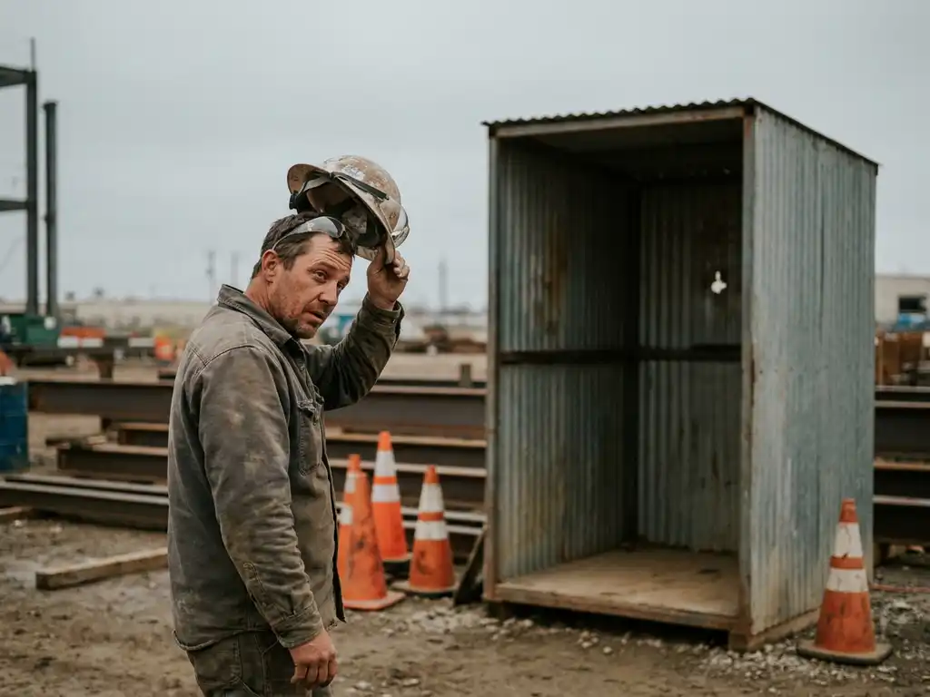 Bouwvakker verwijdert helm en veiligheidsbril op verlaten industriële werkplek bij afwezige voorman, veiligheidskegels op achtergrond.