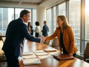Adviseur en senior executive geven elkaar een handdruk in een boardroom met kwaliteitscertificaten en een leren portfolio op tafel.