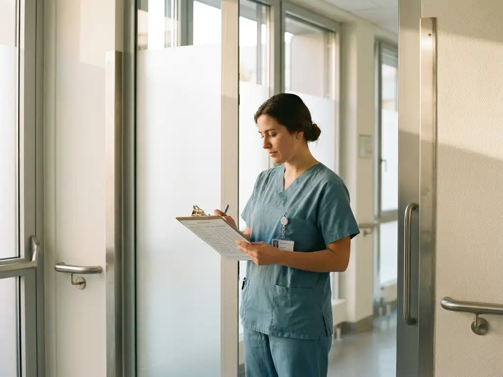 Zorgprofessional in scrubs bekijkt kwaliteitschecklist op klembord in heldere klinische gang met natuurlijk licht.