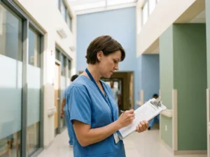 Zorgprofessional in scrubs controleert kwaliteitschecklist op klembord in moderne, lichte ziekenhuisgang.