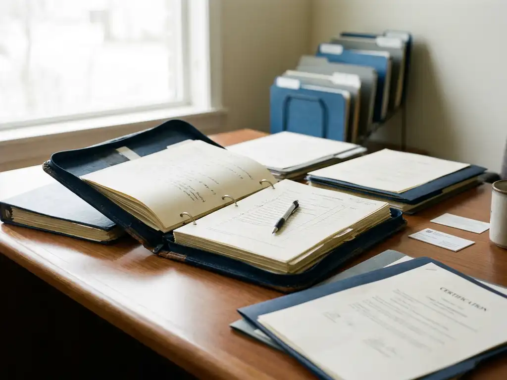 Open leren auditmap op kantoorbureau met certificeringsdocumenten, checklist en pen, stapel mappen op achtergrond.