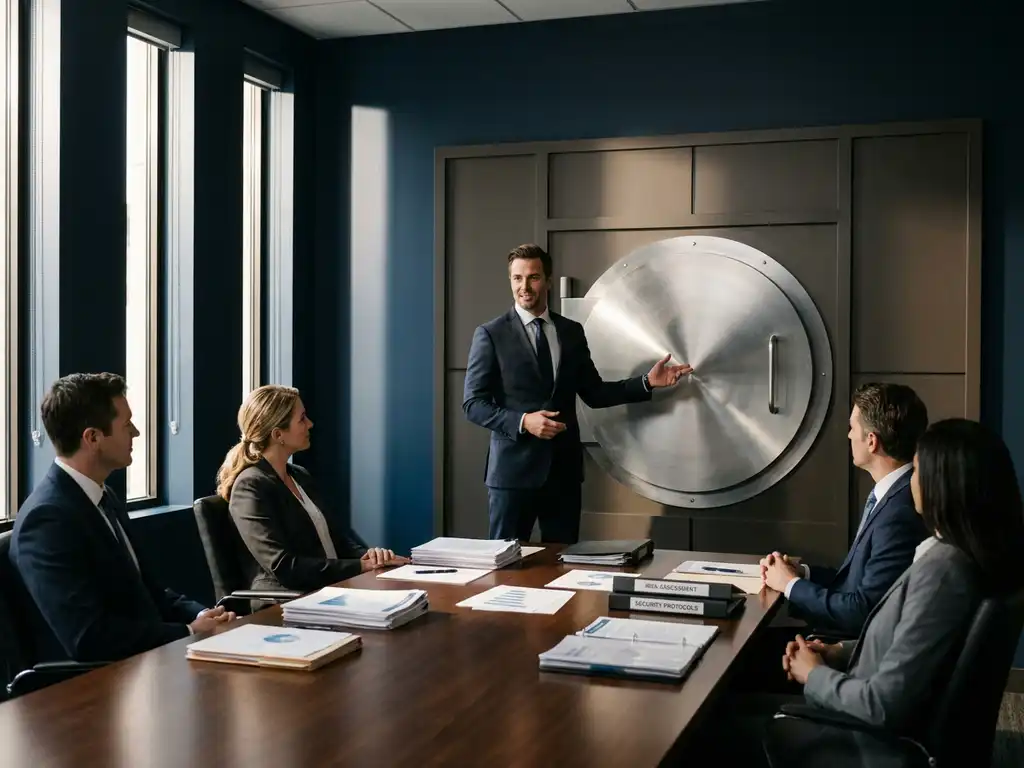 Adviseur presenteert stalen kluisdeur in boardroom aan directieleden rond donkere vergadertafel met risicobeoordeling documenten.