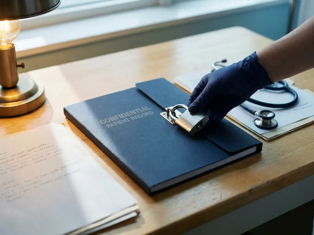 Gehandschoende hand die een stalen hangslot op een gesloten patiëntendossier plaatst, met stethoscoop op klinisch bureau.