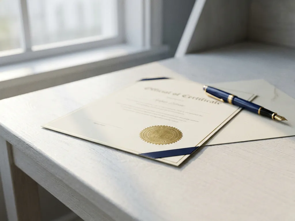 Officieel certificaatdocument met gouden zegel op wit bureau, pen diagonaal geplaatst, zacht natuurlijk zijlicht.