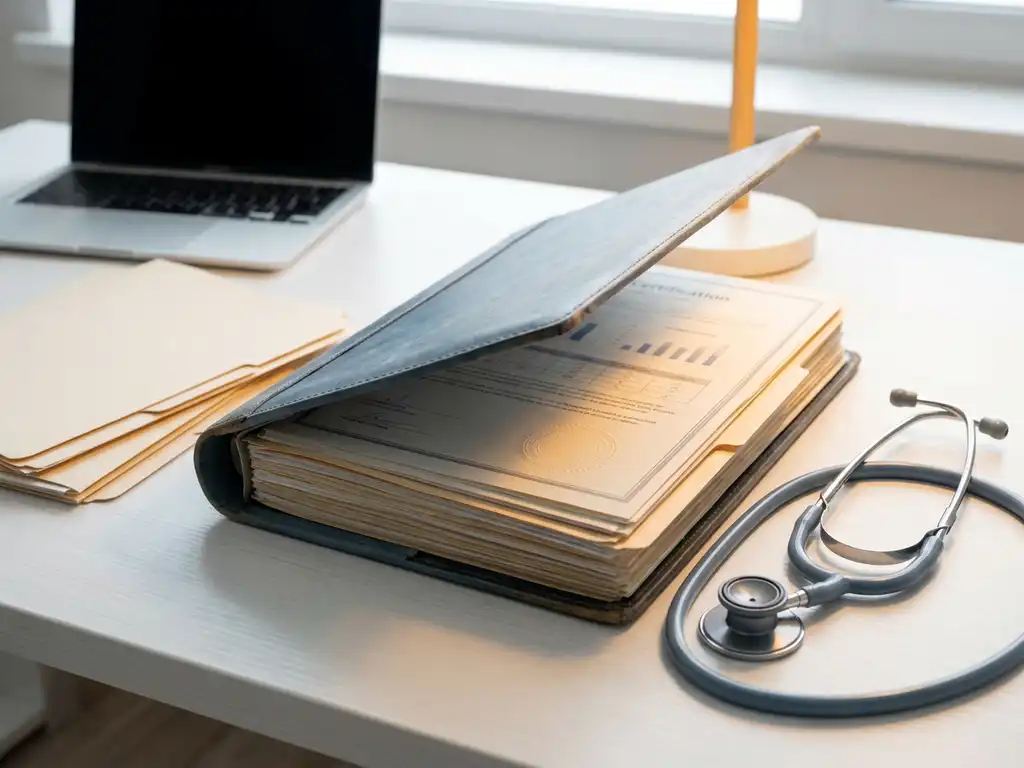 Open certificeringsbinder op modern bureau naast stethoscoop, stapels mappen en laptop in blauw-wit kantoor met warm amberkleurig licht.