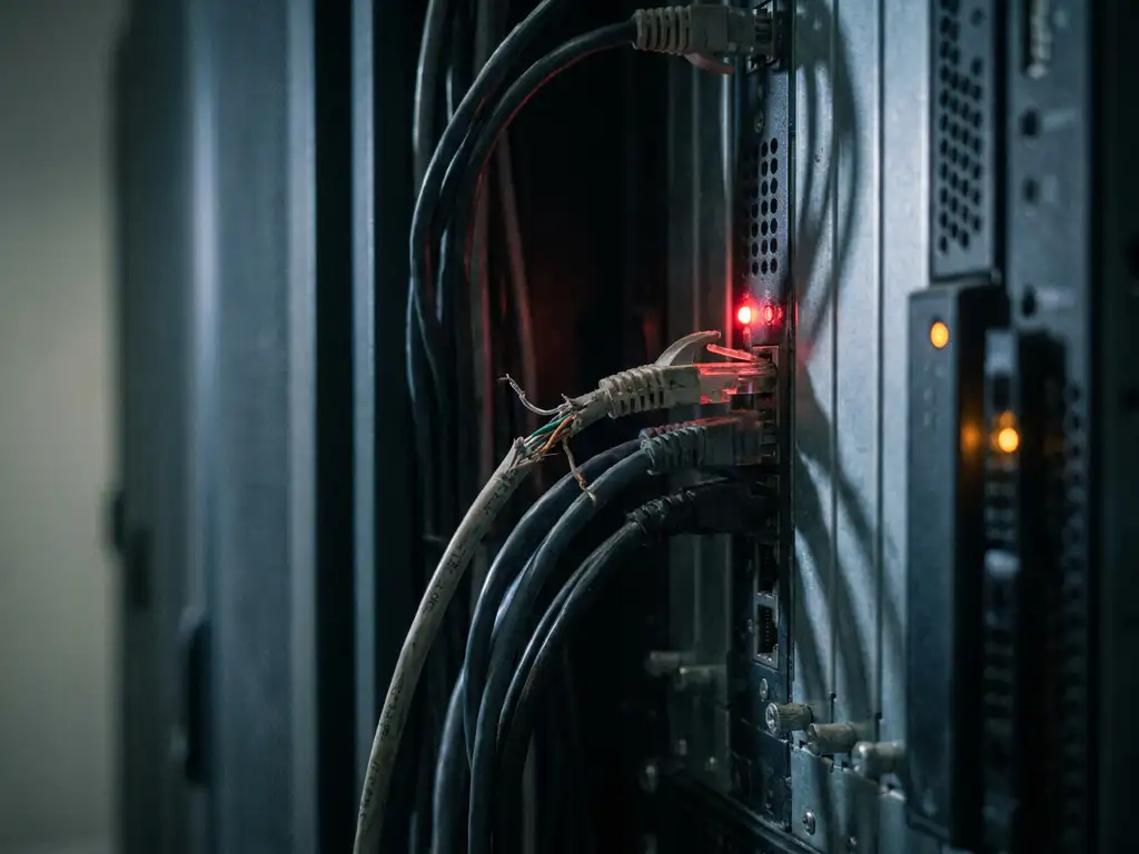 Versleten ethernet-kabel half losgetrokken uit serverrack, rood waarschuwingslicht beschijnt blootliggende kabelbundels in donkere serverruimte.