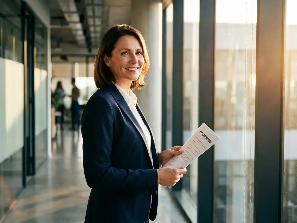 Consultant in marineblauw blazer houdt ISO-certificeringsdocument vast in modern kantoor met gouden daglicht.
