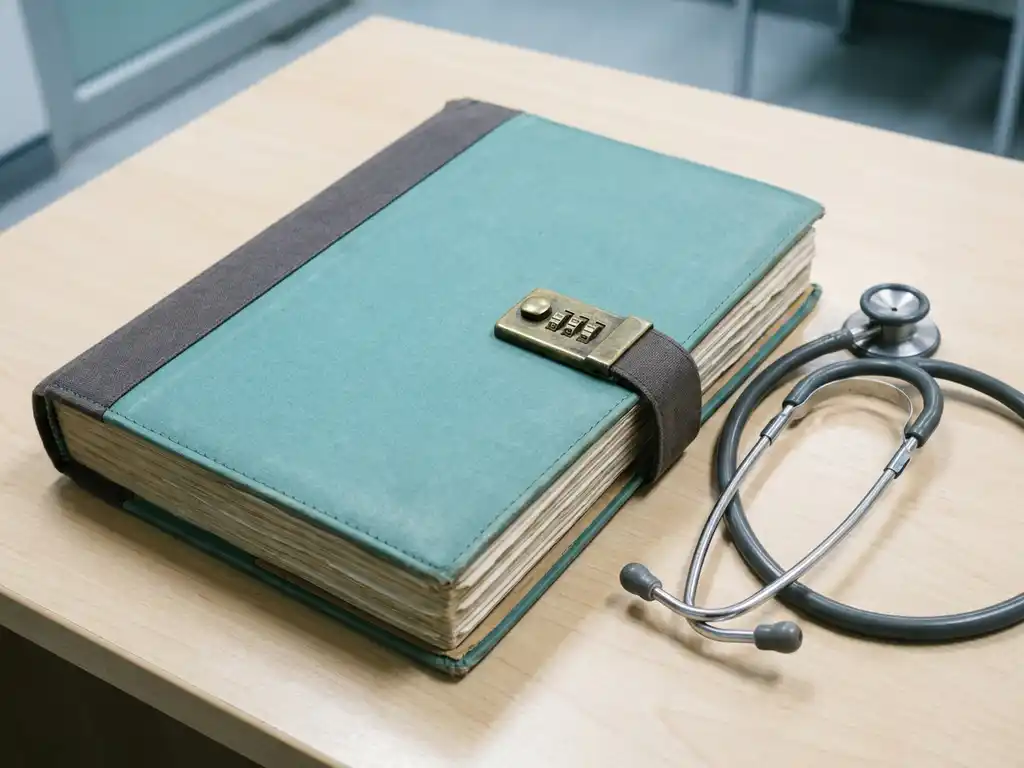 Dik medisch dossier afgesloten met een messing cijferslot op een klinisch bureau, met een opgerolde stethoscoop ernaast.