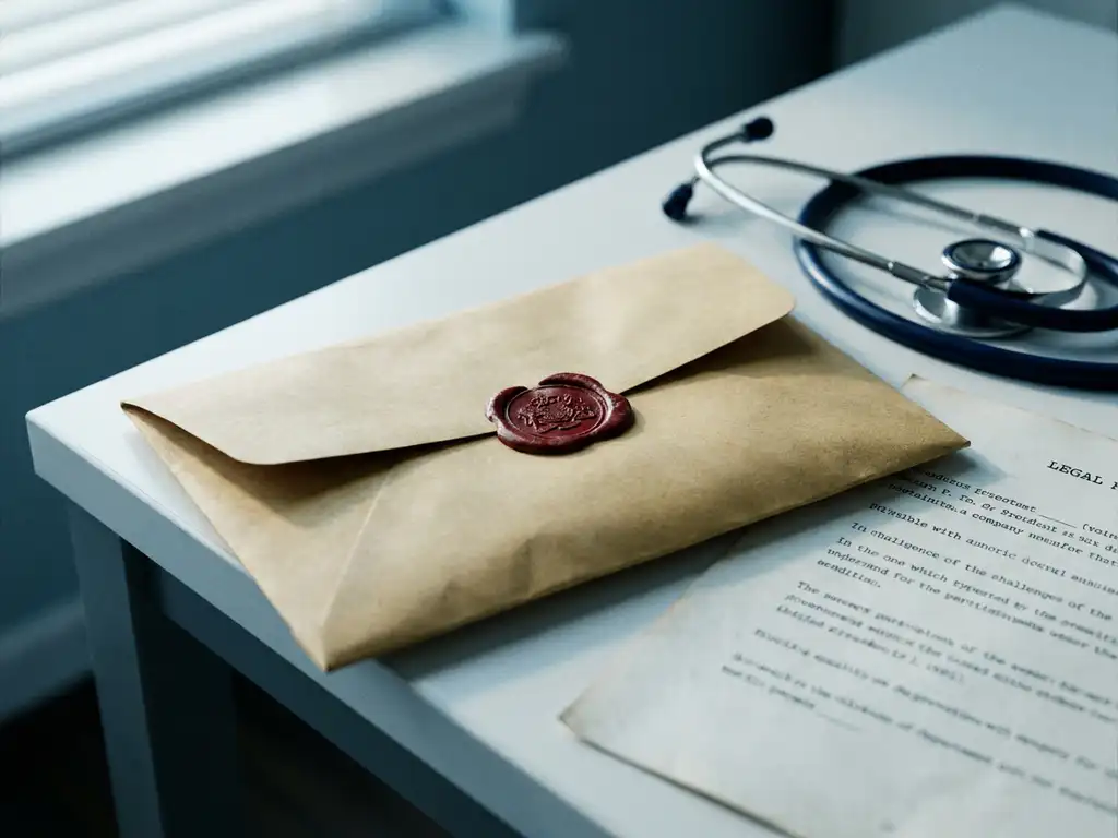 Verzegelde manila envelop met rood wassenzegelop een witte bureau naast een stethoscoop en juridisch document.