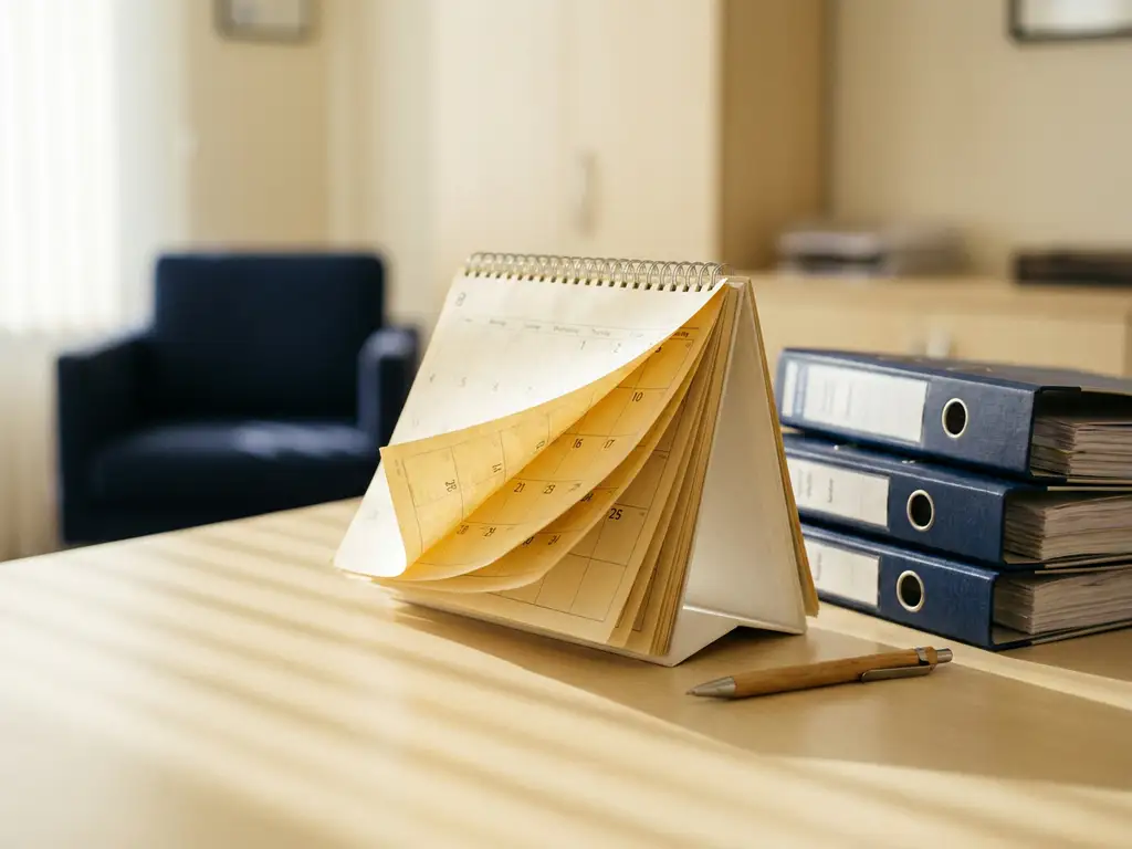 Versleten bureaukalender met ombladerend pagina's naast geordende compliance-mappen en pen op professioneel bureau in zacht natuurlijk licht.