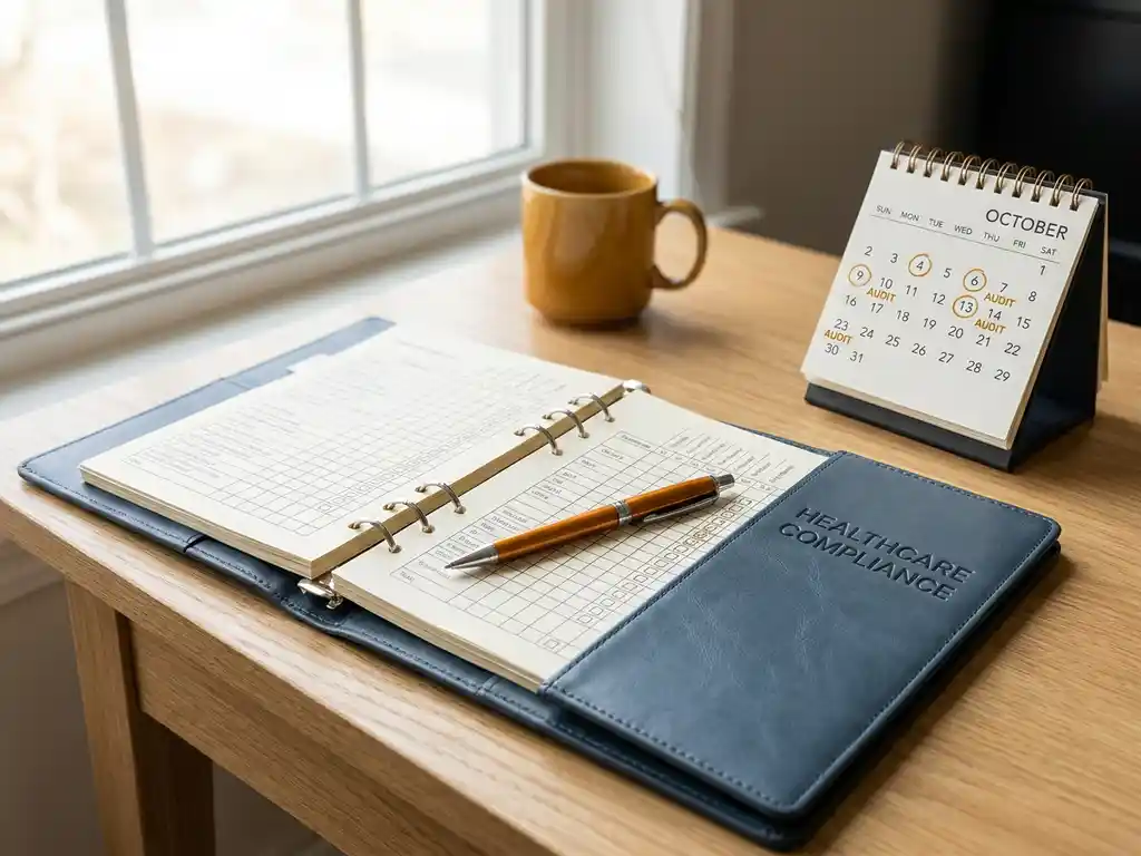 Open compliance-map met gestructureerde checklists op modern bureau, kalender met auditdata en pen zichtbaar, natuurlijk zijlicht.
