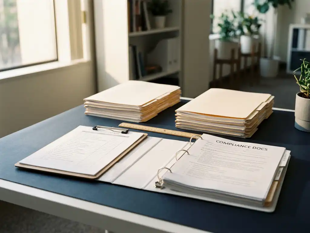 Consultant bureau met klembord checklist, open compliance map en liniaal tussen documentstapels in modern kantoor.